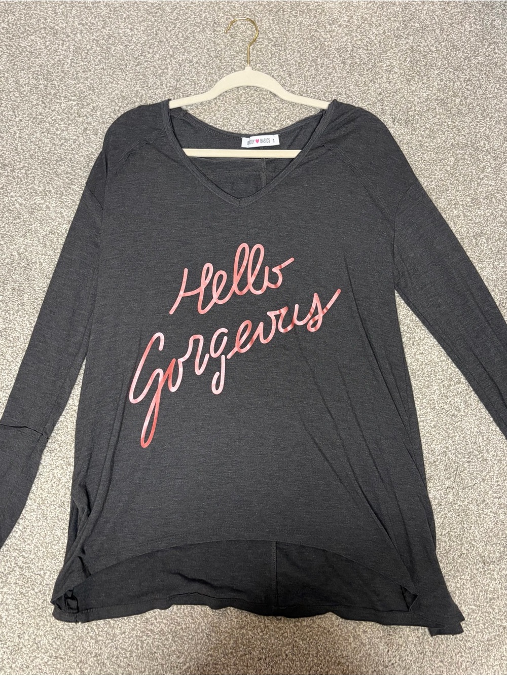Buddy Basics Charcoal V-Neck Long Sleeve Top with Pink Script